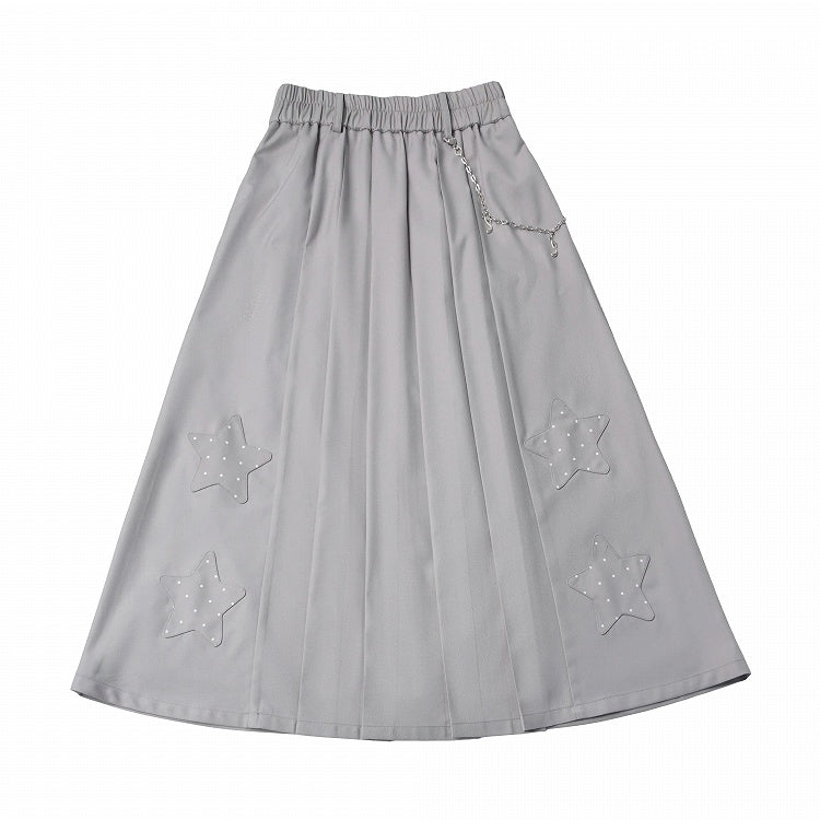 Kawaii Gray Pleated Long Skirt with Star Patch Accents - PINK SAVIOR