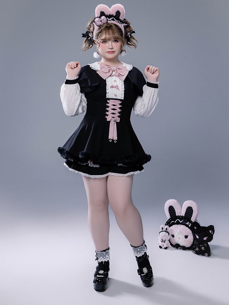 Full Shorts Black Pink Bunny Matching Cape Set Kei Brooch Dress Ear Jirai Bow + Lace Plush
