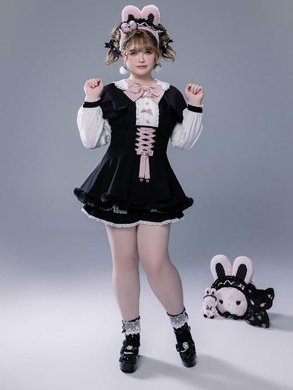 Full Shorts Black Pink Bunny Matching Cape Set Kei Brooch Dress Ear Jirai Bow + Lace Plush