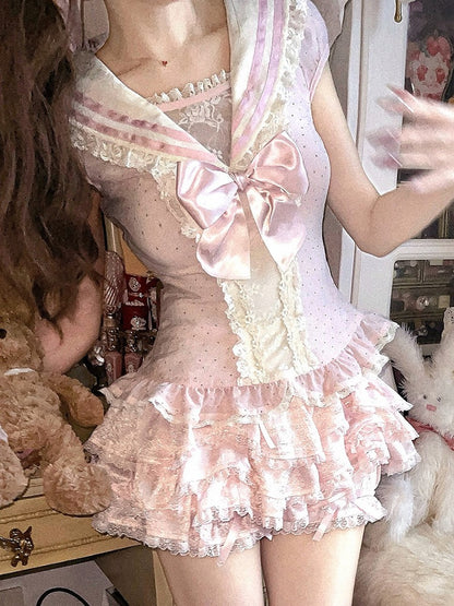 Rosa Chiffon-Top mit Seemanns-Kragenärmeln und