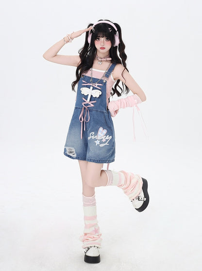 Blue Adorable Lace-up Back Bunny Ears Design Denim Overall Shorts