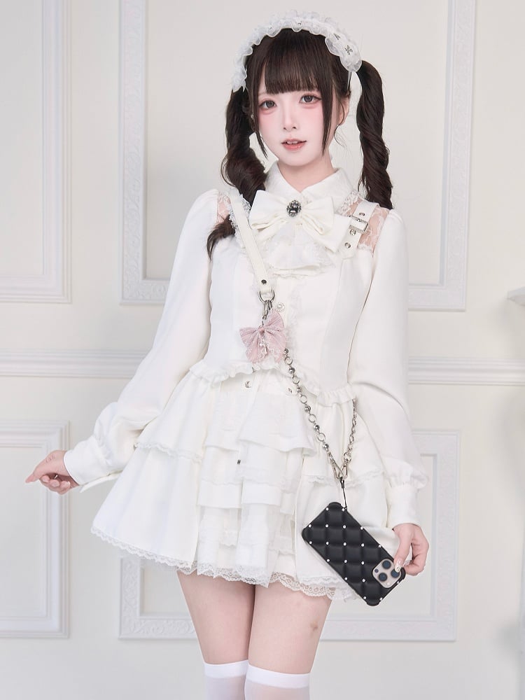 Verzierte Bluse Illusion mit Riemendetails Schnallenausschnitt Weiß Kei Jirai