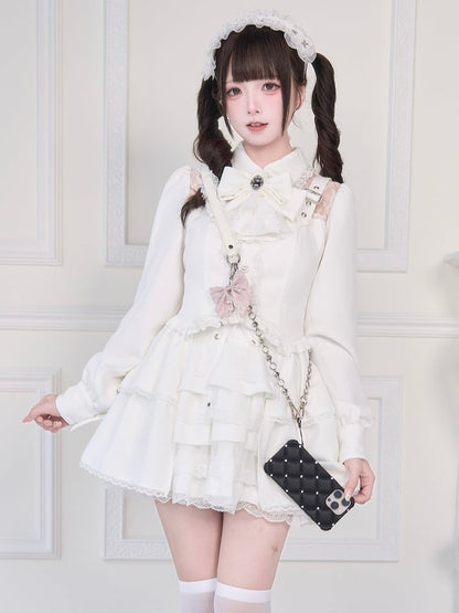 Verzierte Bluse Illusion mit Riemendetails Schnallenausschnitt Weiß Kei Jirai