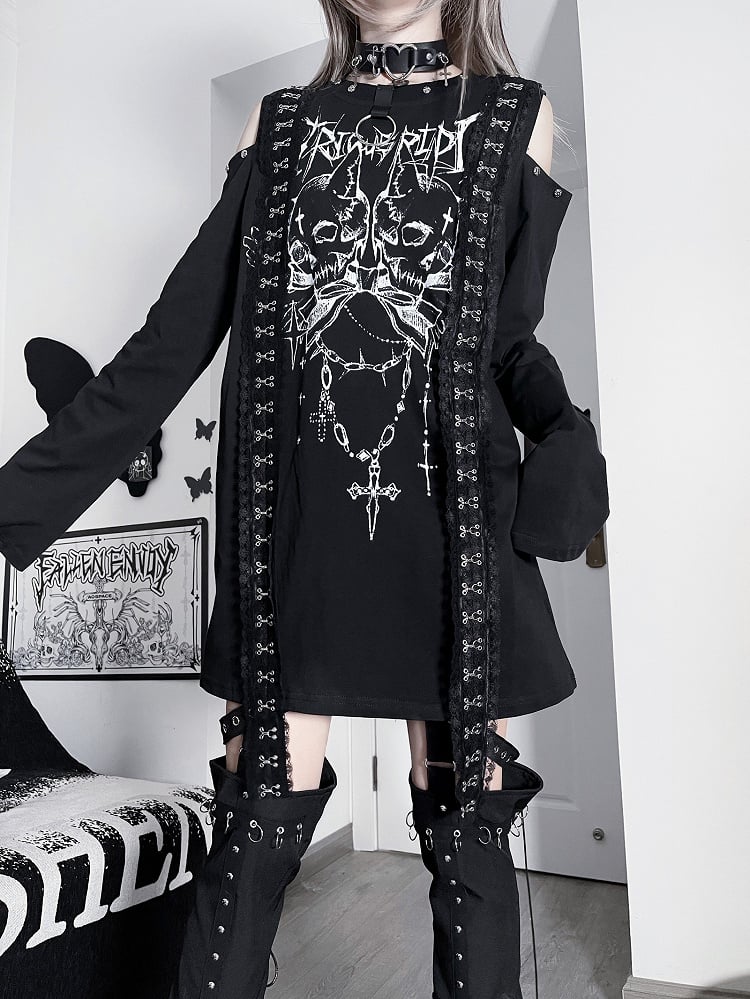 エモロングカットアウトレタートップブラックホワイトパンクスケルトンプリントスリーブショルダー