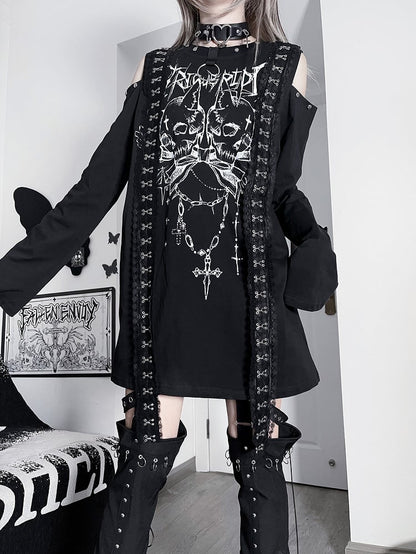 エモロングカットアウトレタートップブラックホワイトパンクスケルトンプリントスリーブショルダー