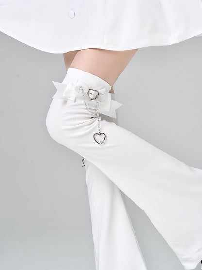 Jirai Kei Overknee-Beinwärmer mit Schleife und Schnallenriemen, Schwarz/Weiß