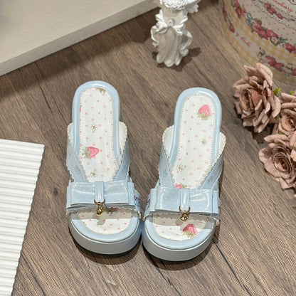 Top at Bow Lolita Slippers Platform Blue Wa Strawberry Print