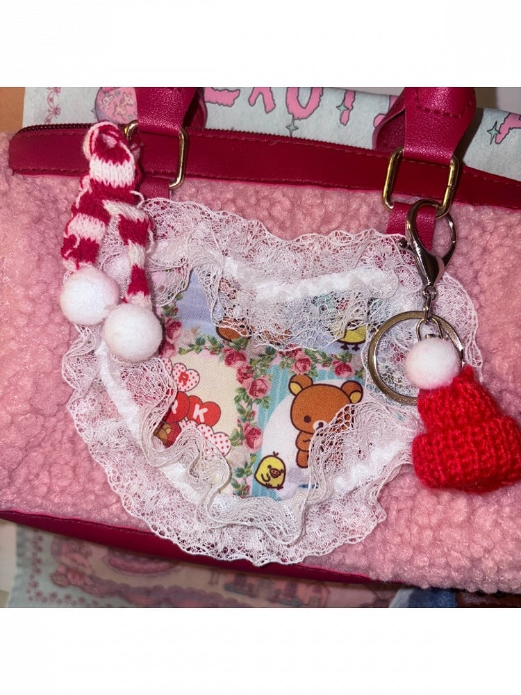 Retro Plush Crossbody Bag with Heart Lace Trim - Black Cherry Sauce