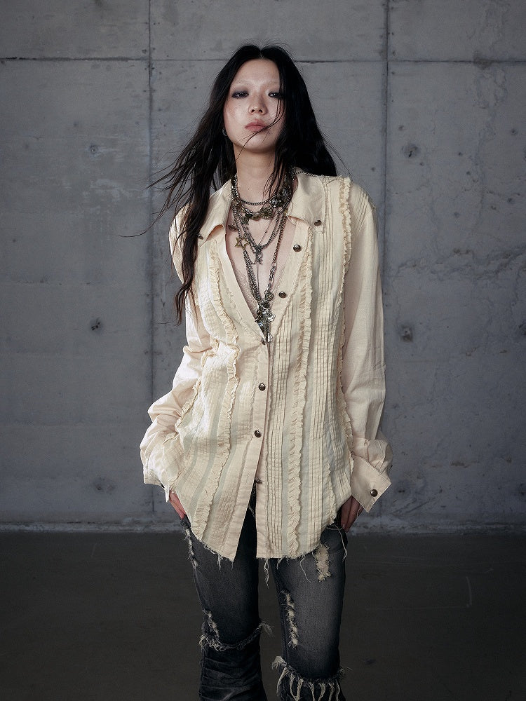 with Punk Distressed Light Blouse V-Neck Pintuck Pleats Khaki Wasteland Hem