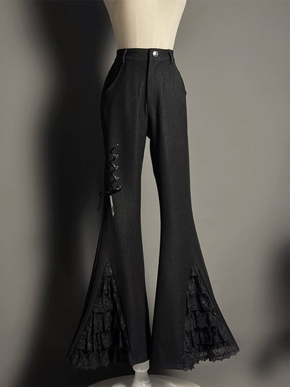 ティアードパッチパンツ レースフレアカフス ブラック
