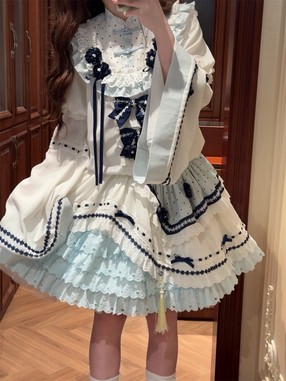 and White Banded Lolita Han Accents Blue Flower Collar Bow Dress with Puff Sleeves