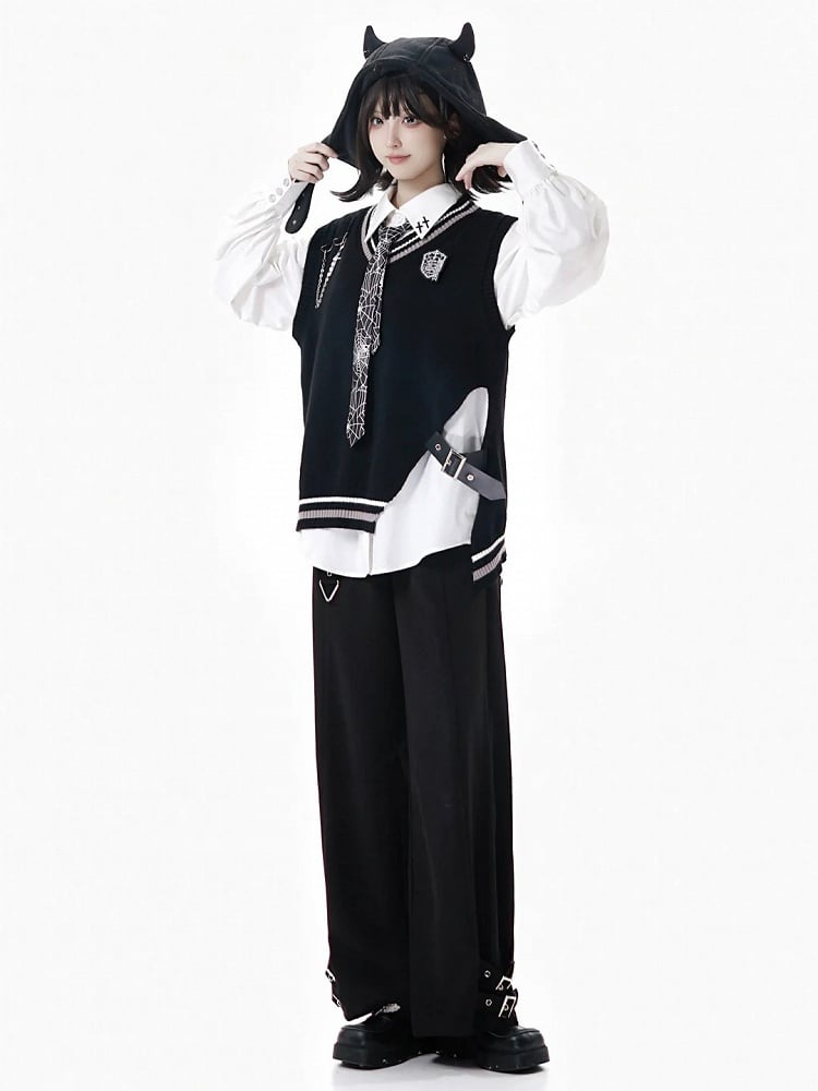 Gothic Black Strap Vest Accents and with Cross Buckle Academia Chain Knit