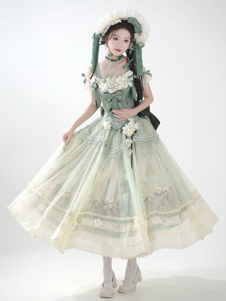 Dekoration Set Jasmin Print Top Grün Rock Lolita Korsett Klassische Lange Floral +