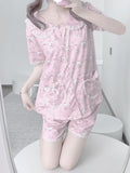 Pyjama-Print + Bunny Peter Pan Kragen Allover Pink Bluse Kei Jirai Herz Taschen Set Shorts