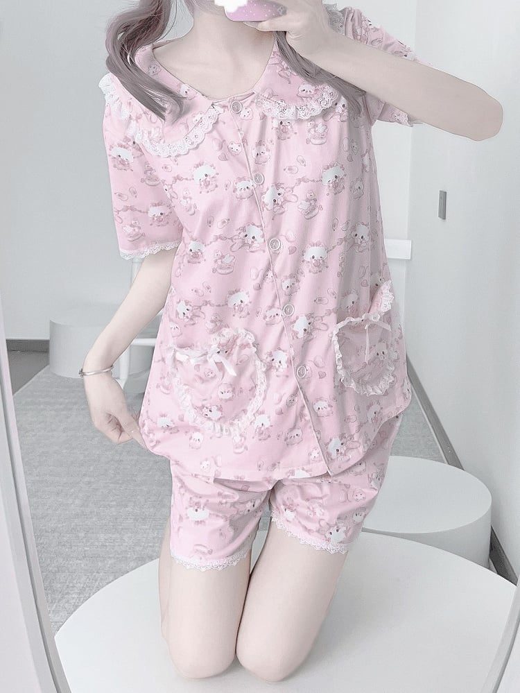 Pyjama-Print + Bunny Peter Pan Kragen Allover Pink Bluse Kei Jirai Herz Taschen Set Shorts