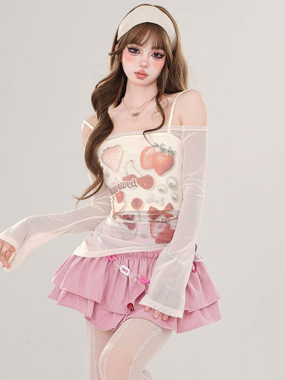 Rosa/Aprikose – Halbtransparentes, schulterfreies Top mit Erdbeer-Print und Camisole-Set