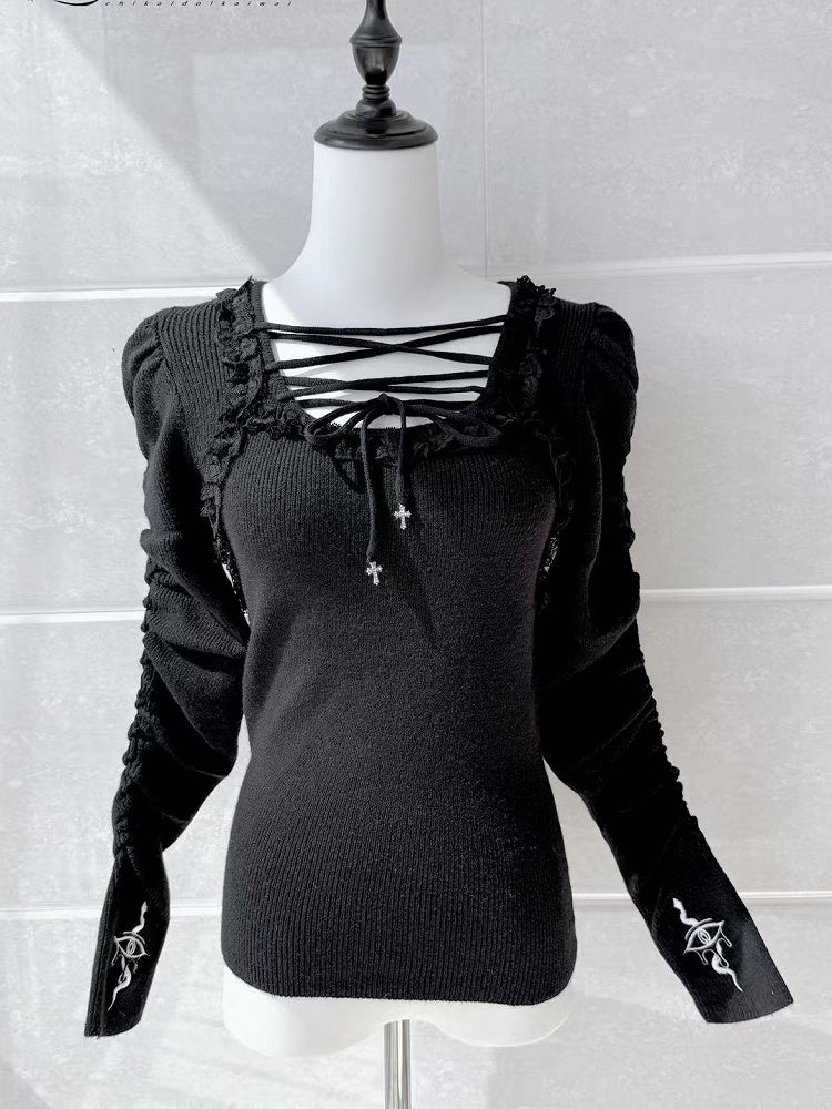 Lace-up Gothic Eye and Cross Embroidery Black Snake Knit Top with Straps Neckline