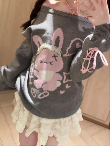 Print Sweater Pink with Gray Lace Off-Shoulder Rabbit