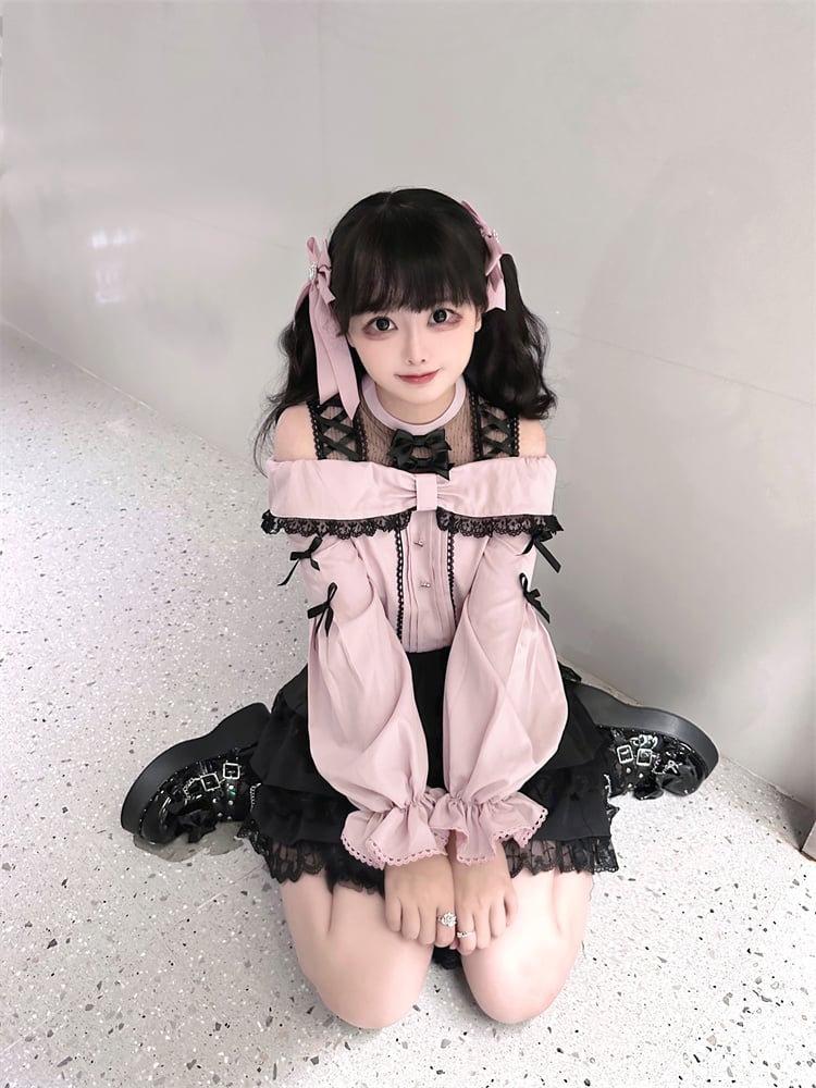 with Pink Bow Black Kei Open Blouse Shoulder Details Jirai Neckline Illusion