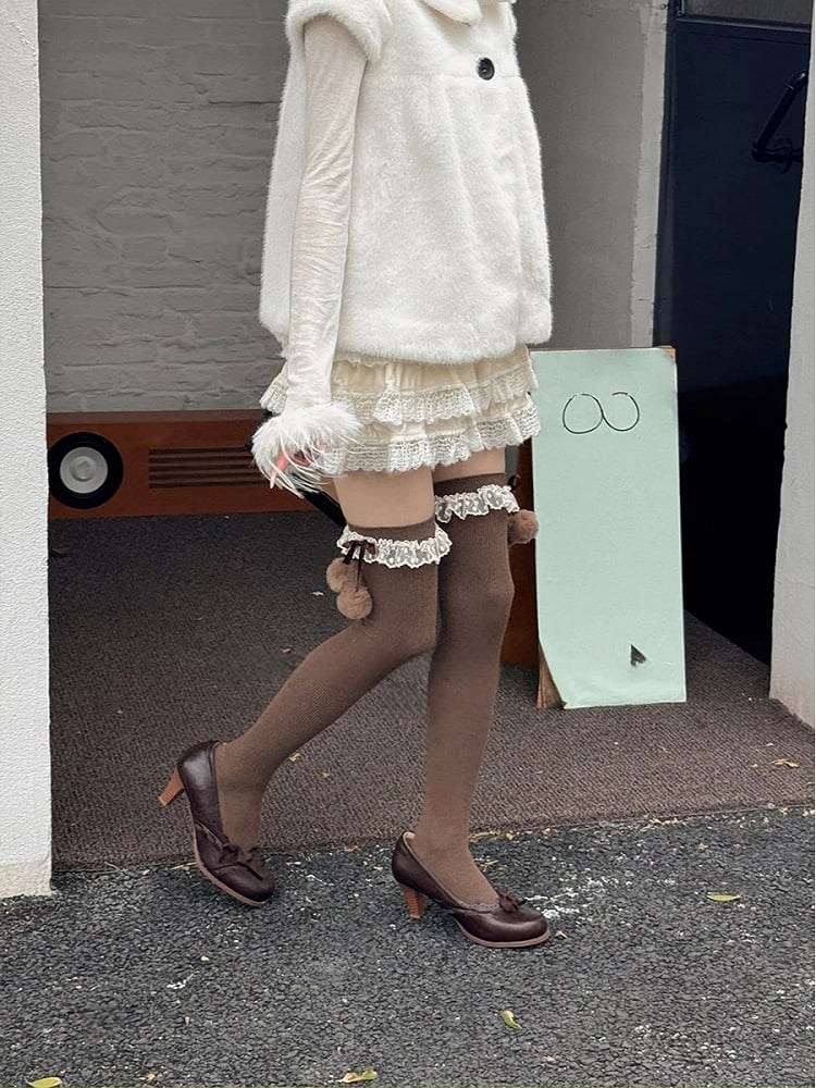 Ribbed with Lace Cuffs Stockings Over-the-Knee Pom-Pom