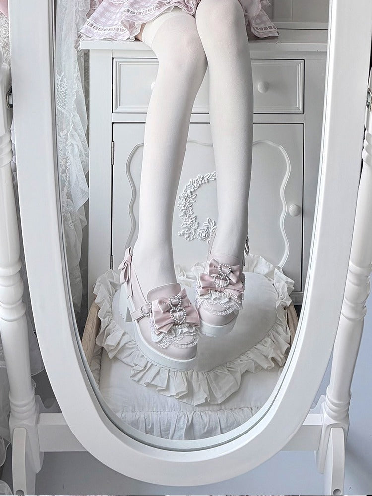 Jirai Kei Pink Pearl Heart Lace Bowknot Footwear - Transfer Student