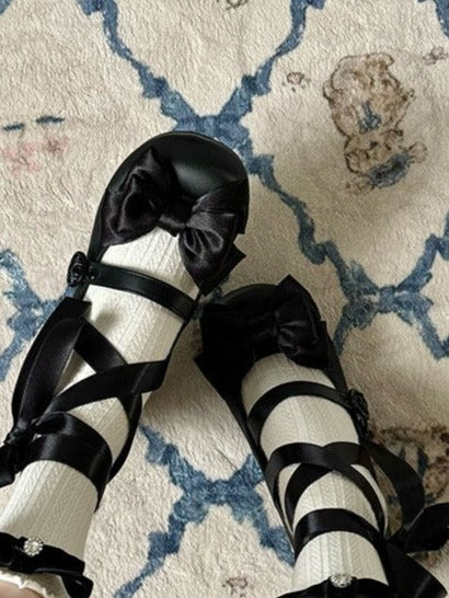 Black Ballet Style Bowknot Lace-up Straps Lolita Shoes - Round Toe & 4.5cm Heel - MODO