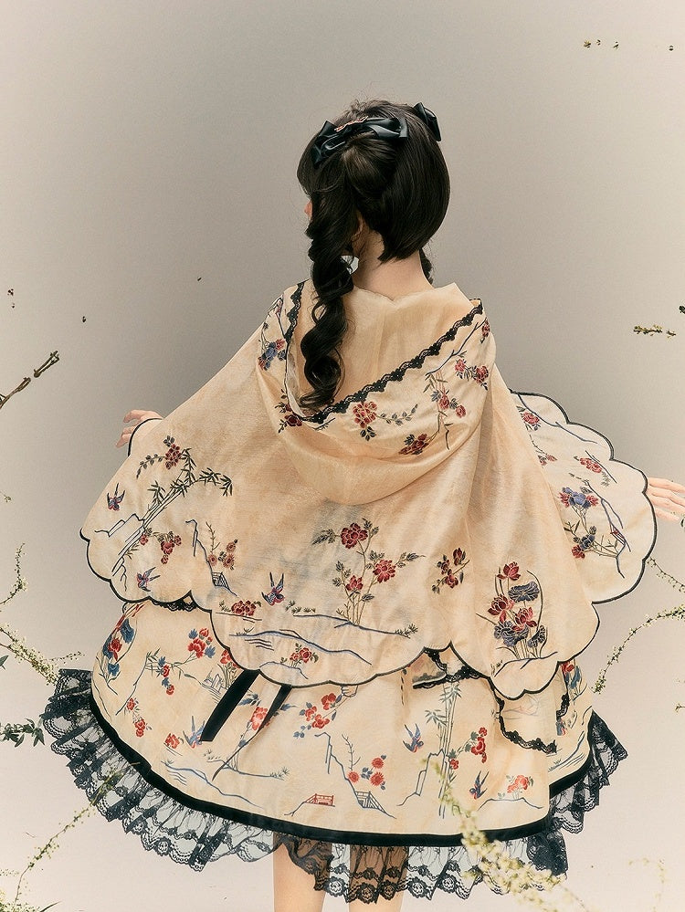 Classic Beige Lolita Cape with Chinese Embroidered Motifs - Yimu Walnut