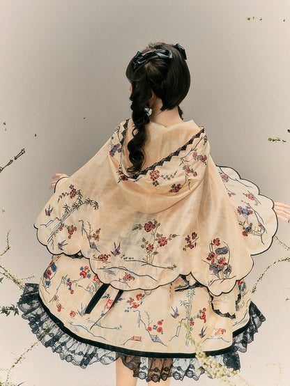 Classic Beige Lolita Cape with Chinese Embroidered Motifs - Yimu Walnut