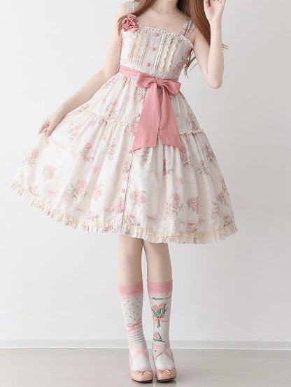 Pink Rosette Print Natural Kei Summer Floral Dress Front Button Placket Hem Lolita Jumper Skirt