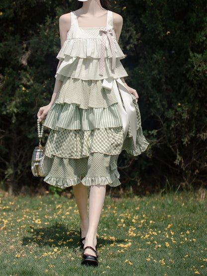 Rüschen gestuft mit Mori Kei Grün Patchwork Ärmelloses Kleid