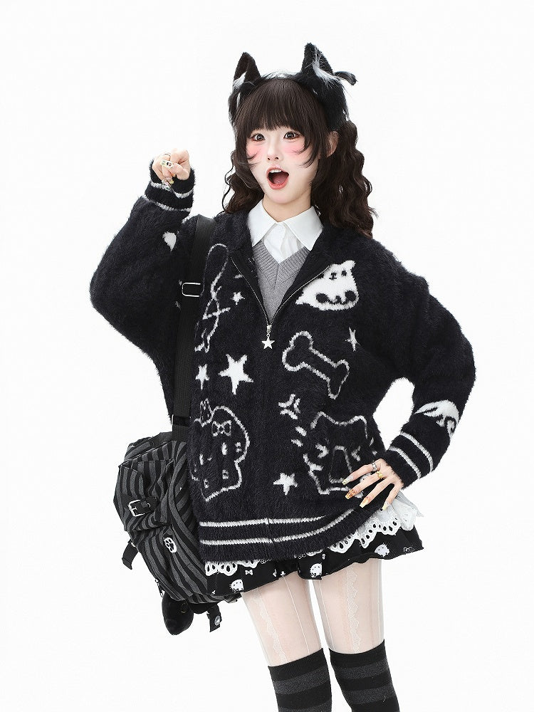 Patterns White/Black Hood Cat Animal Ear Plush Jacket with Adorable