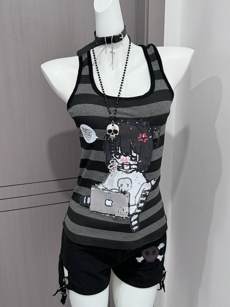 Striped Tank Top with Choker - Corner cat
