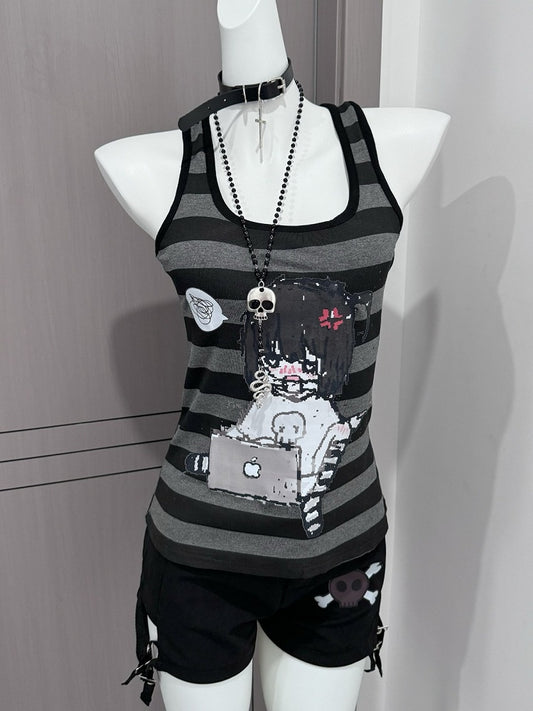 Striped Tank Top with Choker - Corner cat