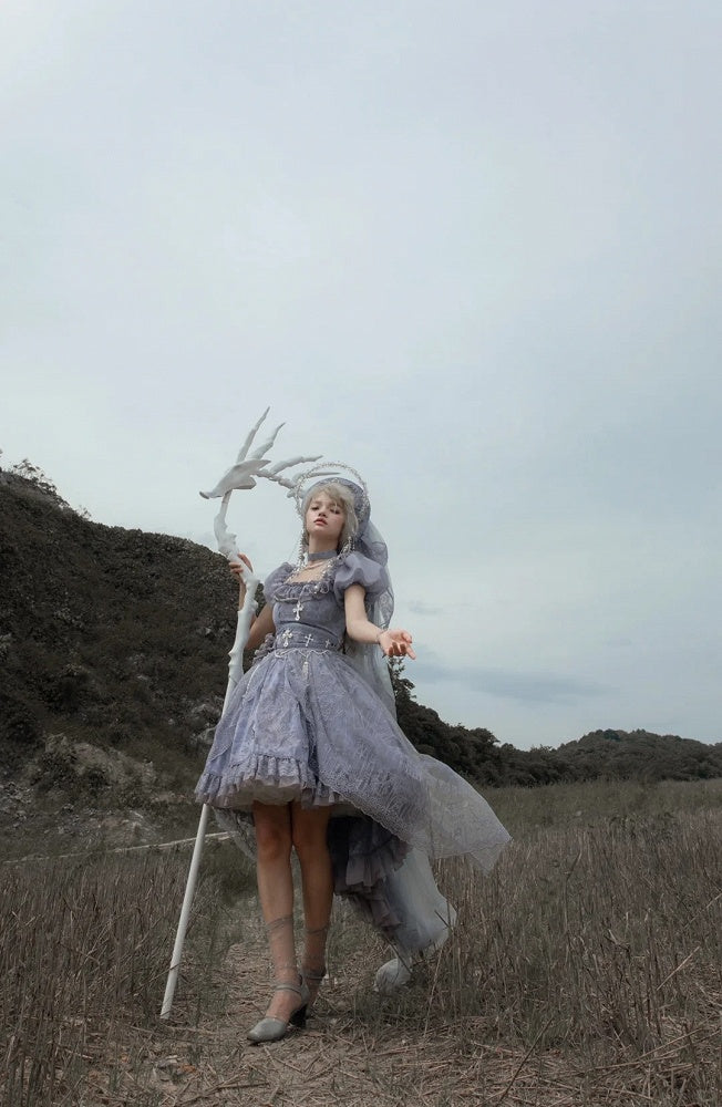 Gray Dragon Bone Embroidery High-low Skirt Dress Gothic Lolita OP with Cathedral Embroidery Overlay