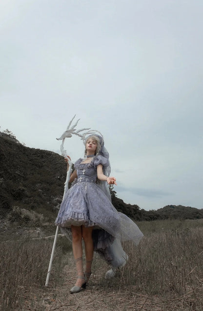 Gray Dragon Bone Embroidery High-low Skirt Dress Gothic Lolita OP with Cathedral Embroidery Overlay