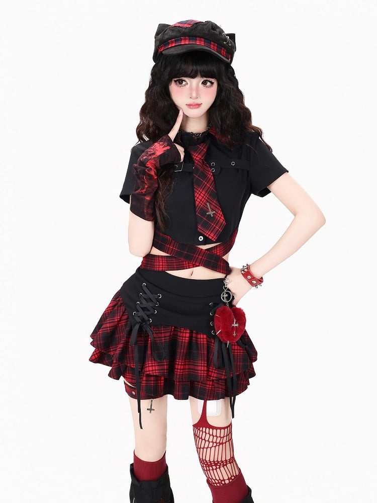 Hot Girl Style Red & Black Plaid Pointed Flat Collar Short Sleeve Top with Tie Detail + Matching Necktie Set - CRAZY GIRL