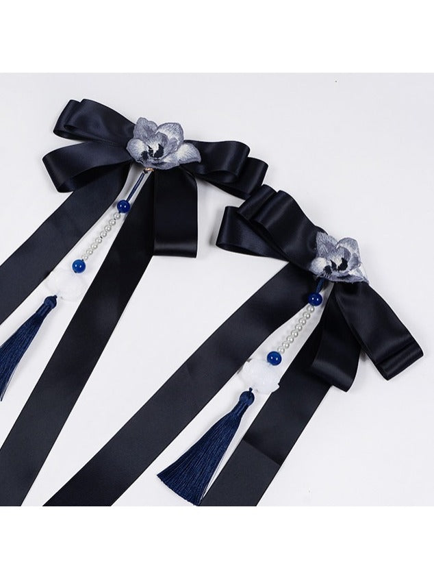 Navy Ribbon Tassel Bow Waist Ornament with Floral Detail - Yimu Walnut
