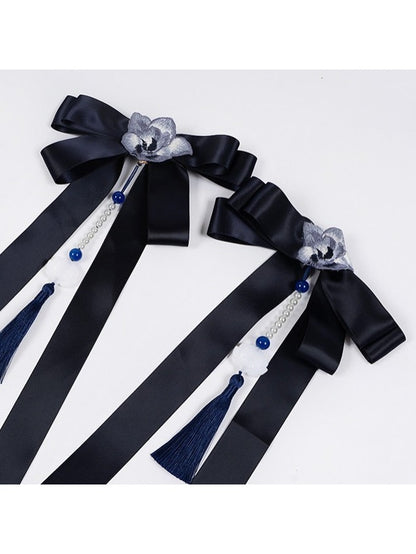 Navy Ribbon Tassel Bow Waist Ornament with Floral Detail - Yimu Walnut