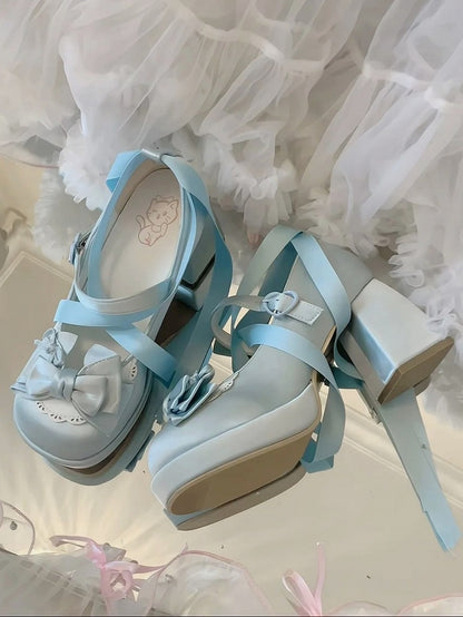 Chunky - Wrap Blue Janes Sweet with Ankle Heel Lolita Satin Heart Snap Scalloped Edge Mary