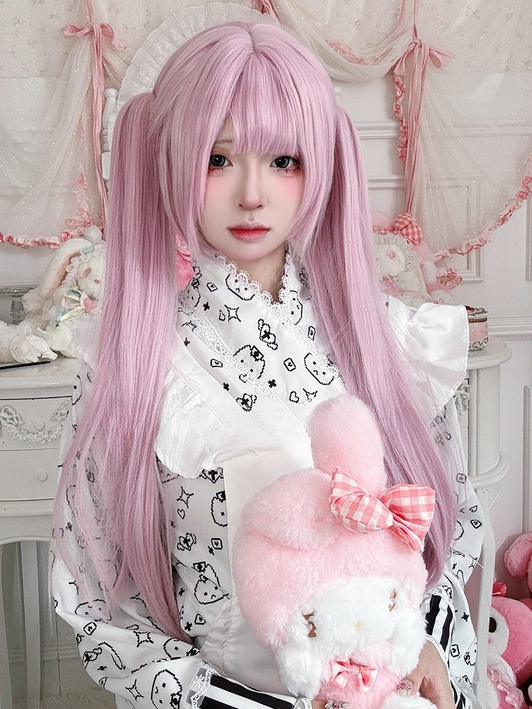 フルピンク 30CM 70CM + ポニーテール ショート ダブルバングス クリップ長さ クロー ストレートウィッグ