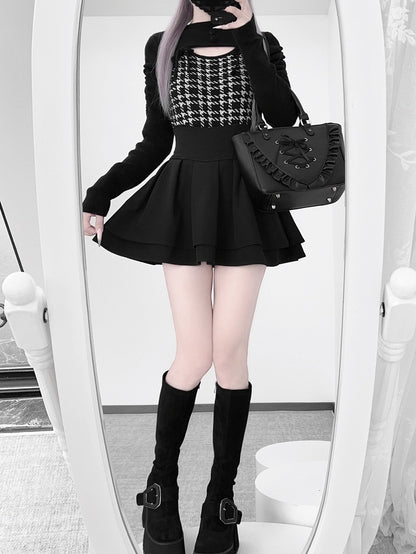 Mature Edgy Style Black Houndstooth in Sweater Open-Front | Landmine Knit