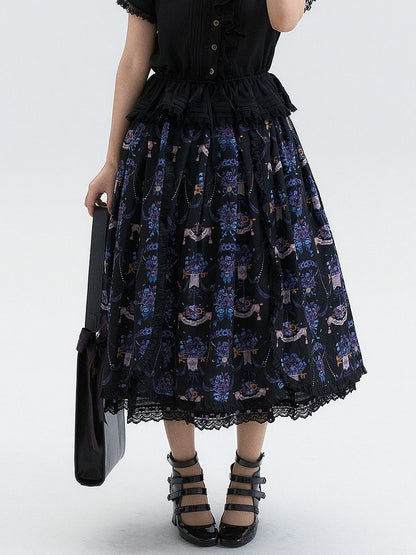 Black Purple Pansy Print Elegant Lolita Skirt