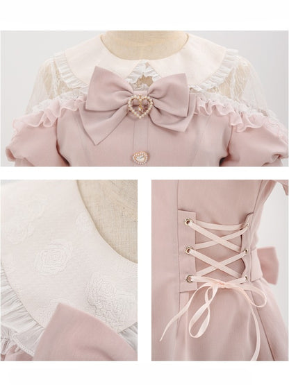 Spitzen-Outfit – Schnürung, Kei-Rüschenbesatz, Ärmel, kurze Jirai-Shorts in Pink + Oberteil mit Details