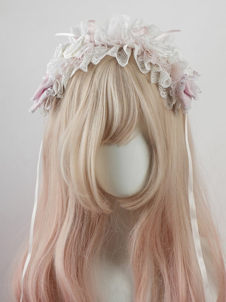 Lolita Pink Floral and Bow Ruffled Lace Trim Hairband