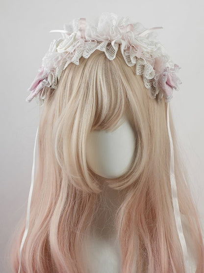 Lolita Pink Floral and Bow Ruffled Lace Trim Hairband