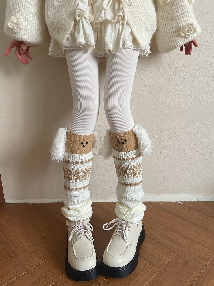 Leg Design Brown White and Warmers Plush Puppy Big-Eared