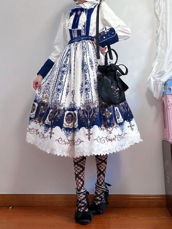 Candelabras with Long Print Dress Lolita White Blue Bat Dark Wings Sleeves Gothic