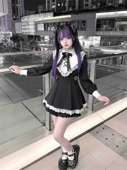 Lace Buckles Trim Two-Piece Top White Kei Set Matching Heart Jirai with Waist | Shorts Black