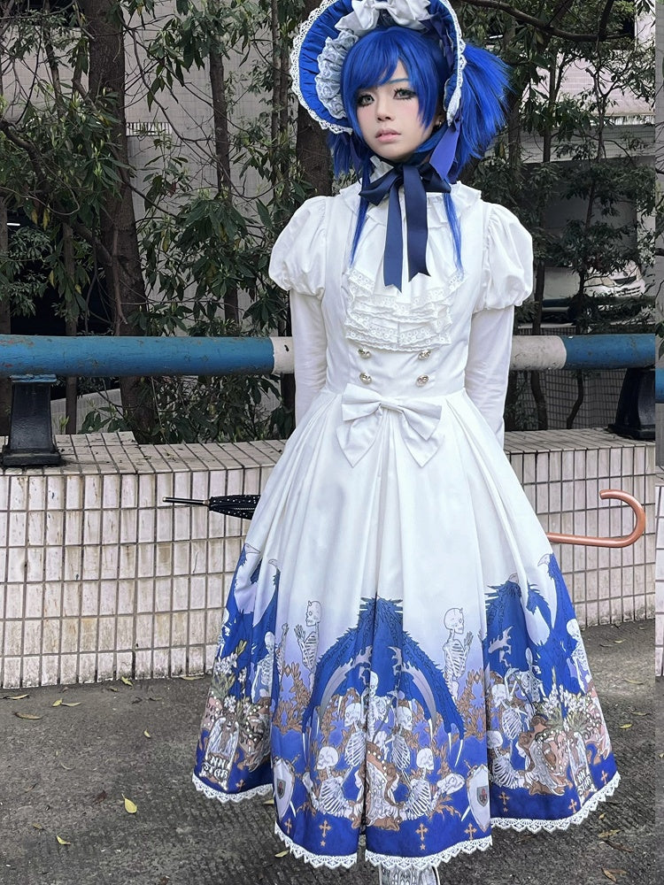 Cross and Blue Gothic Lace Trim with Skeleton Print Lolita Under Bust Dress White