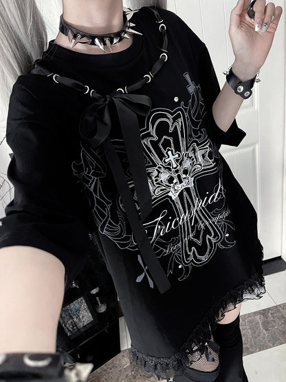 Ribbon Cross Print T-Shirtwith Bow Black NecklineWhite Cotton Gothic